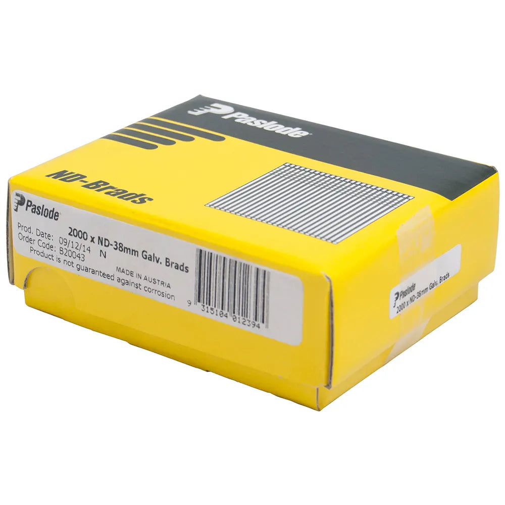 Buy online Paslode ND-Brad Gal Box 2000 38 X 2.05mm from Canterbury Timbers and Building Supplies