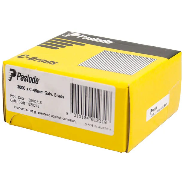 Buy online Paslode 45mm C Series Gal Brads 3000 Pack from Canterbury Timbers and Building Supplies