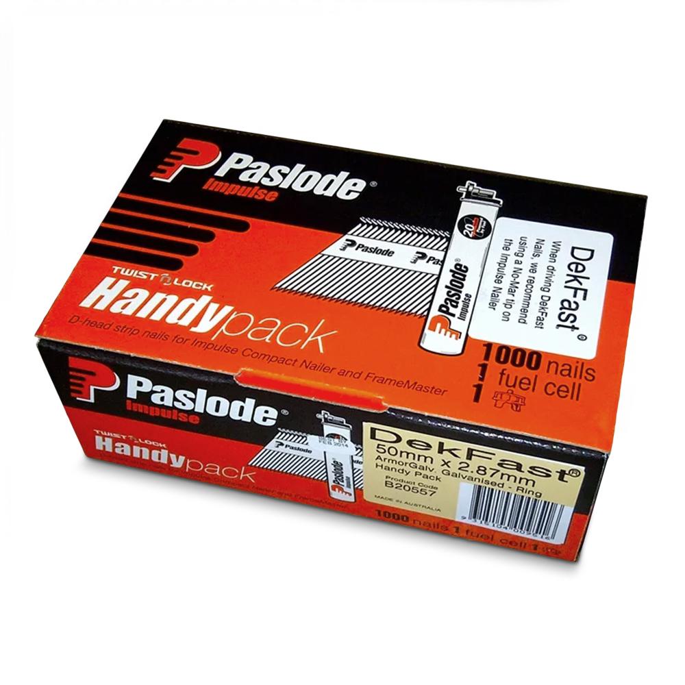 Buy online Paslode Dekfast 1000 Pack 50mm x 2.87mm Gal Impulse Nails from Canterbury Timbers and Building Supplies